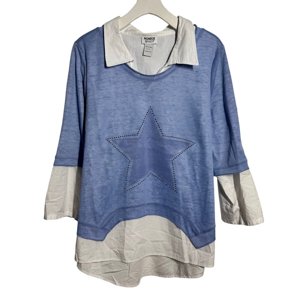 Monroe & Main Sequin Star Patriotic Top Women L Blue White Prep Old Money Modest